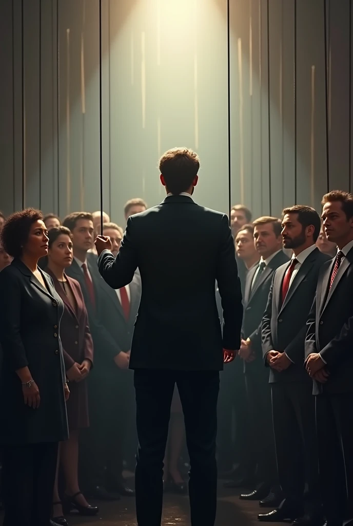 Create a realistic image depicting people being manipulated. Show a scene where individuals are being subtly influenced or controlled, perhaps in a social or media setting. Include a central figure, such as a charismatic leader or media personality, who appears to be directing or persuading others through gestures or speech. Surround them with people who look attentive or confused, suggesting they are being swayed or misled. Use visual elements like puppet strings or shadowy figures to symbolize manipulation. Employ dramatic lighting and contrasting colors to highlight the power dynamics and the impact of manipulation on the individuals.