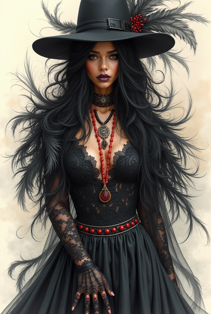 model sketch of a masculine captivating a surreal dark fantasy of a mysterious dark-skinned gypsy . exudes an alluring presence, dressed in a stunning lace gown adorned with a cape of black and white feathers, red jewelry, and swirling fabric. Her long, hair frames her face, enhancing her enigmatic charm. The artwork masterfully combines ink, watercolor, and doodle drawing techniques, creating sharp focus and smooth transitions. The abstract background incorporates haute couture and surrealist elements, adding an air of mystique to the mesmerizing composition.