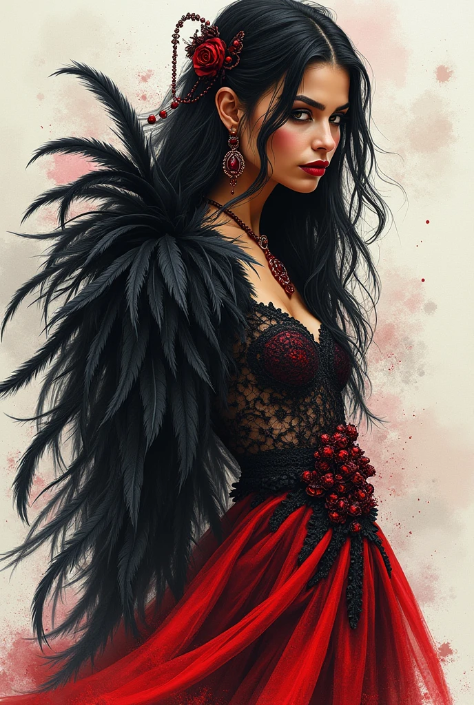 model sketch of a masculine  captivating a surreal dark fantasy  of a mysterious dark-skinned gypsy .  exudes an alluring presence, dressed in a stunning lace gown adorned with a cape of black and white feathers, red jewelry, and swirling fabric. Her long,  hair frames her face, enhancing her enigmatic charm. The artwork masterfully combines ink, watercolor, and doodle drawing techniques, creating sharp focus and smooth transitions. The abstract background incorporates haute couture and surrealist elements, adding an air of mystique to the mesmerizing composition.