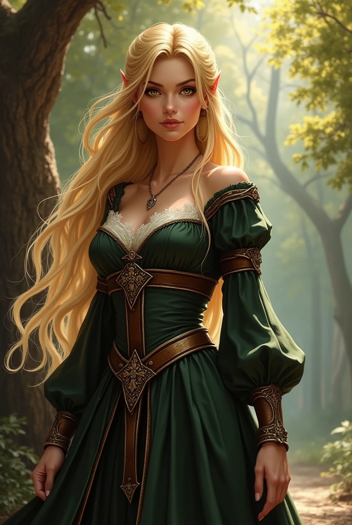 je veux une femme en anime noire elfe , des cheveux blonds et des yeux jaune détaillés, un corps magnifique avec des vêtements medieval