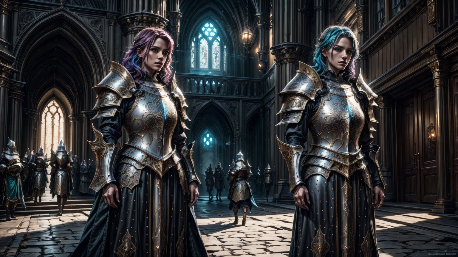 a group of women with colorful hair,detailed medieval paladin dress armor,standing pose,medieval city,castle background,fantasy,digital art,concept art,cinematic lighting,highly detailed,8k,photorealistic,realistic,vibrant colors,dramatic composition