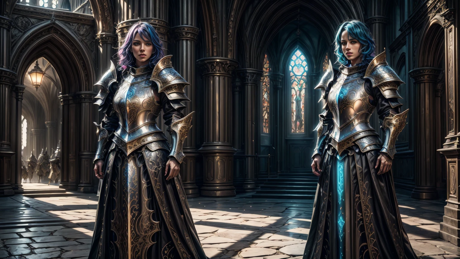 a group of women with colorful hair,detailed medieval paladin dress armor,standing pose,medieval city,castle background,fantasy,digital art,concept art,cinematic lighting,highly detailed,8k,photorealistic,realistic,vibrant colors,dramatic composition