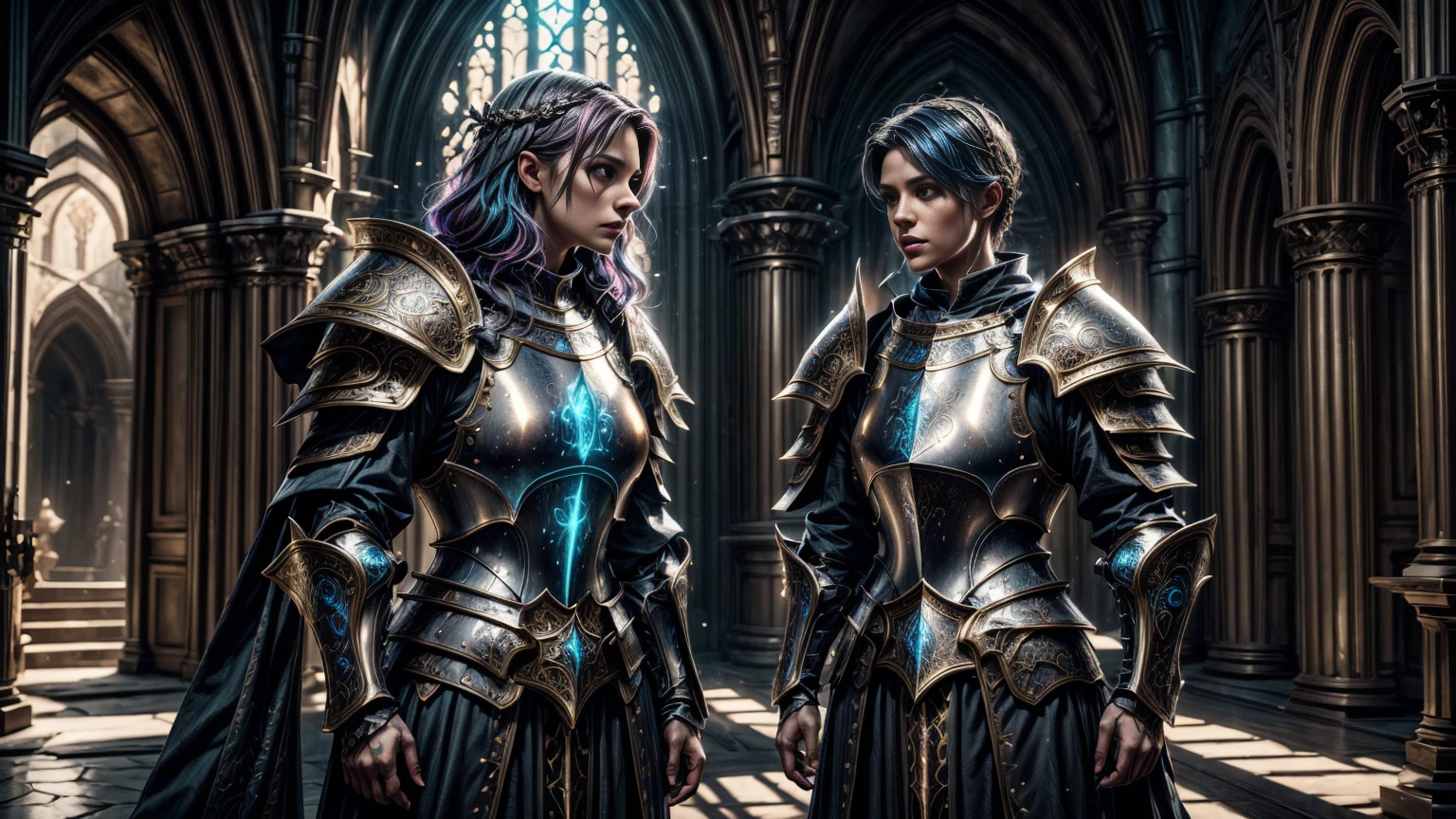 a group of women with colorful hair,detailed medieval paladin dress armor,standing pose,medieval city,castle background,fantasy,digital art,concept art,cinematic lighting,highly detailed,8k,photorealistic,realistic,vibrant colors,dramatic composition