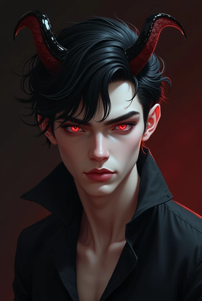 Sexy male vampire, young, 19 years, Man with demon horns, black hair and red eyes