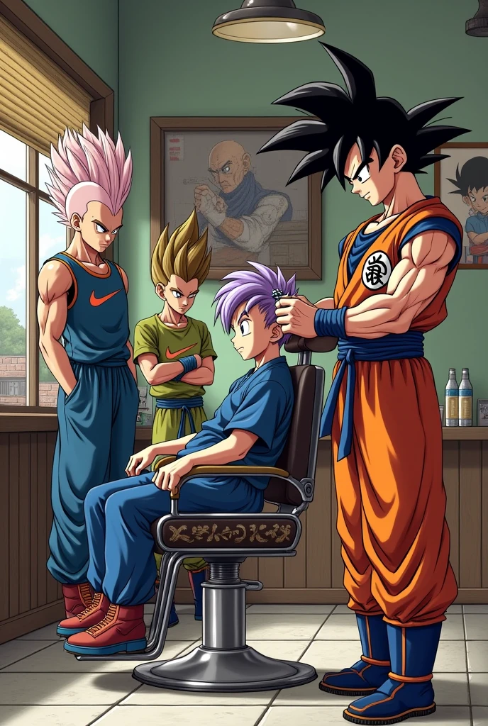 Goku cutting truns&#39; hair classic barbershop with tattoos with classic drawing for barbershop and vegeta painting,Picoro and Yancha waiting their turn, all wearing Nike clothes