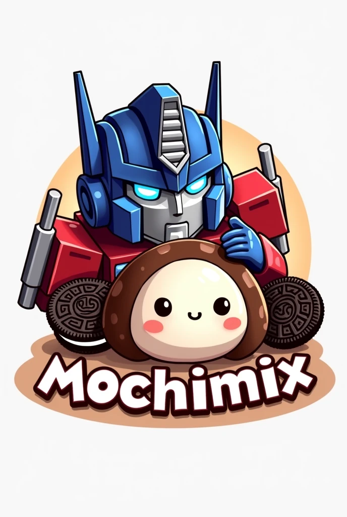 Create a logo with a mochi in the middle and Optimus Prime eating an Oreo mochi and a text in the image saying Mochi mix Quindianos, more realistic, much more realistic