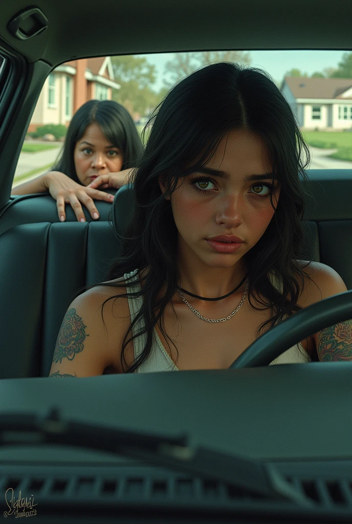 Create an image that visualizes the concept of "Descomposición e interpretación desde la perspectiva de la suegra" inspired by the song "El Hornazo" by Cartel de Santa. The scene should capture the tension and discomfort of a young woman and her boyfriend, Babo, as they arrive at the woman's mother's house. The image should reflect the mother's disapproval of Babo, who is portrayed as a tough, streetwise character, with visible tattoos and a nonchalant attitude. The young woman, under the influence of marijuana, should appear dazed and lighthearted, contrasting with the stern and judgmental expression of the mother.
The setting is inside a car with heavily tinted windows, where the mother looks in from outside, her eyes filled with disapproval. Babo, aware of his flaws and their impact on the relationship, should have a mix of worry and defiance on his face. The mother, standing outside the car, should be depicted as a conservative, middle-class woman, visibly unhappy with her daughter’s choice. The overall mood should convey the awkwardness and potential conflict, highlighting the cultural clash between Babo's rough exterior and the mother’s expectations for her daughter.
Key Elements:
The car with tinted windows.
Babo and the daughter inside, with Babo looking tense and the daughter relaxed but affected by the marijuana.
The mother outside, peering in with a critical expression.
A subtle contrast in styles between Babo (cholo) and the daughter (fresa).
A background that suggests a typical middle-class suburban neighborhood.