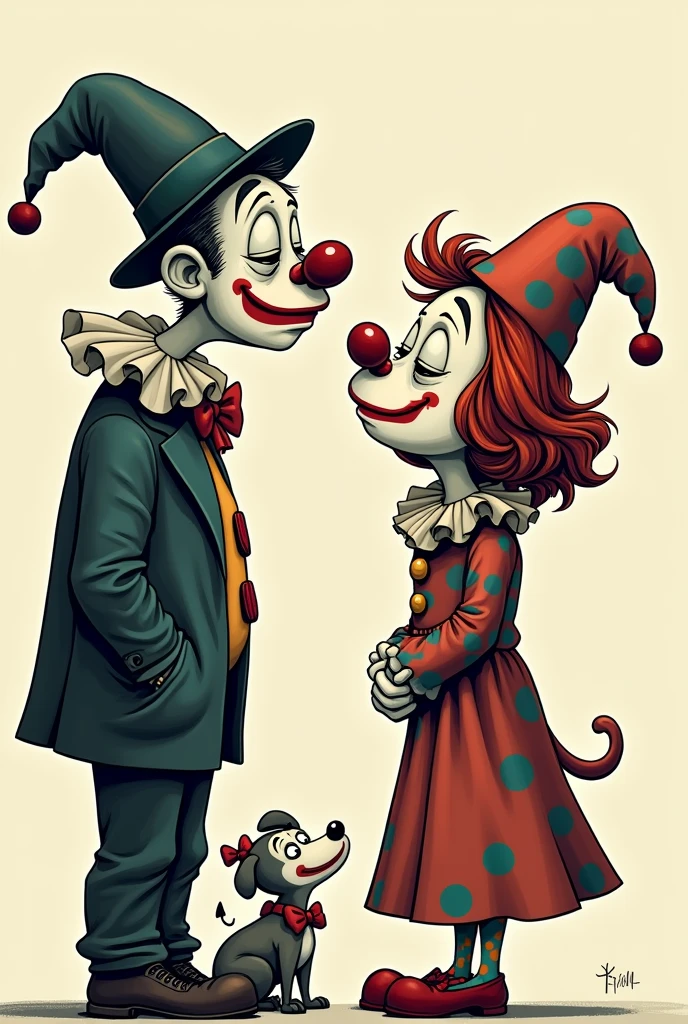 create a cartoon of a clown, black and white, sad man; a very colorful cheerful female clown, and a white and brown dog dressed as a clown.
