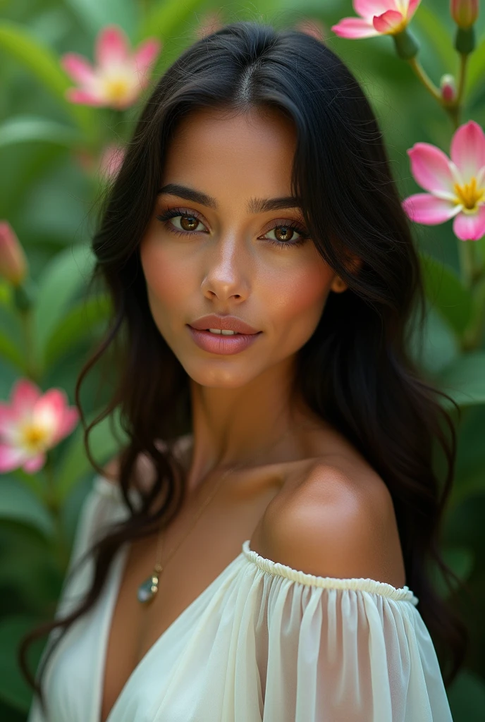 A Brazilian woman in a garden, wearing a long white light dress with a close-up capturing the harmonious and delicate beauty of long hair and dark eyes outgoing personality.