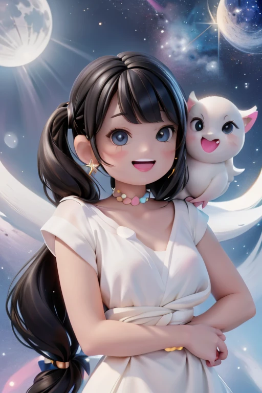 a joyful girl smiling, open mouth smile, bright eyes, black hair, hairbow, strapless shirt, earrings, choke, bracelet, extremely happy, hugging a kawaii star, birds flying around, moonlight rays, full moon, starry sky, a lot of lanters