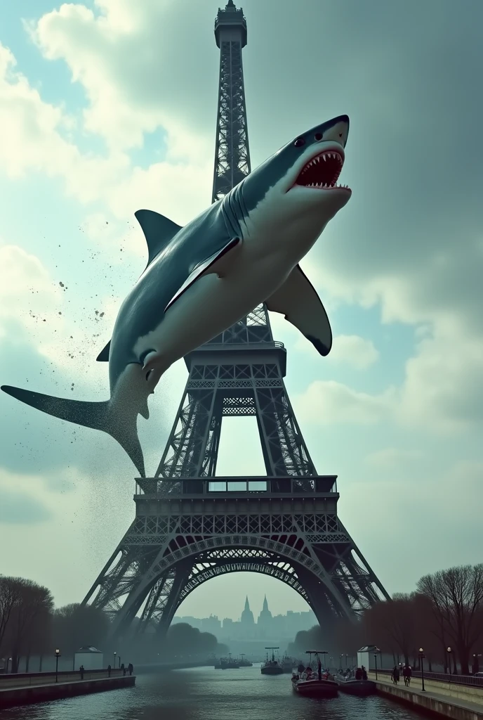 Giant Great White Shark With Hate Jumping Over Eiffel Tower
