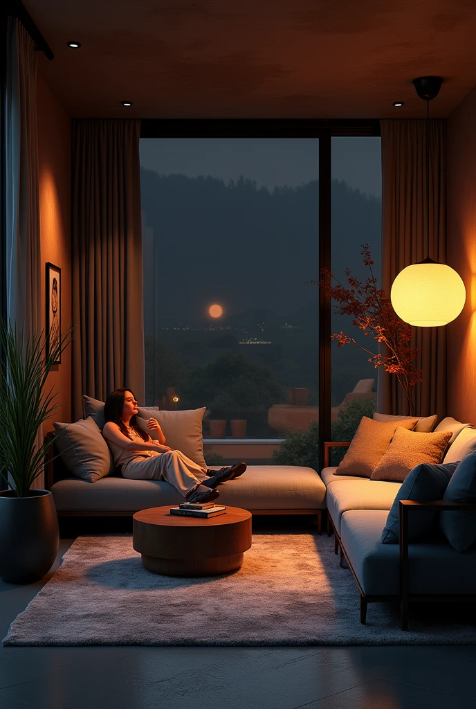 Humanized image of residential leisure area environment with dark colors interior design