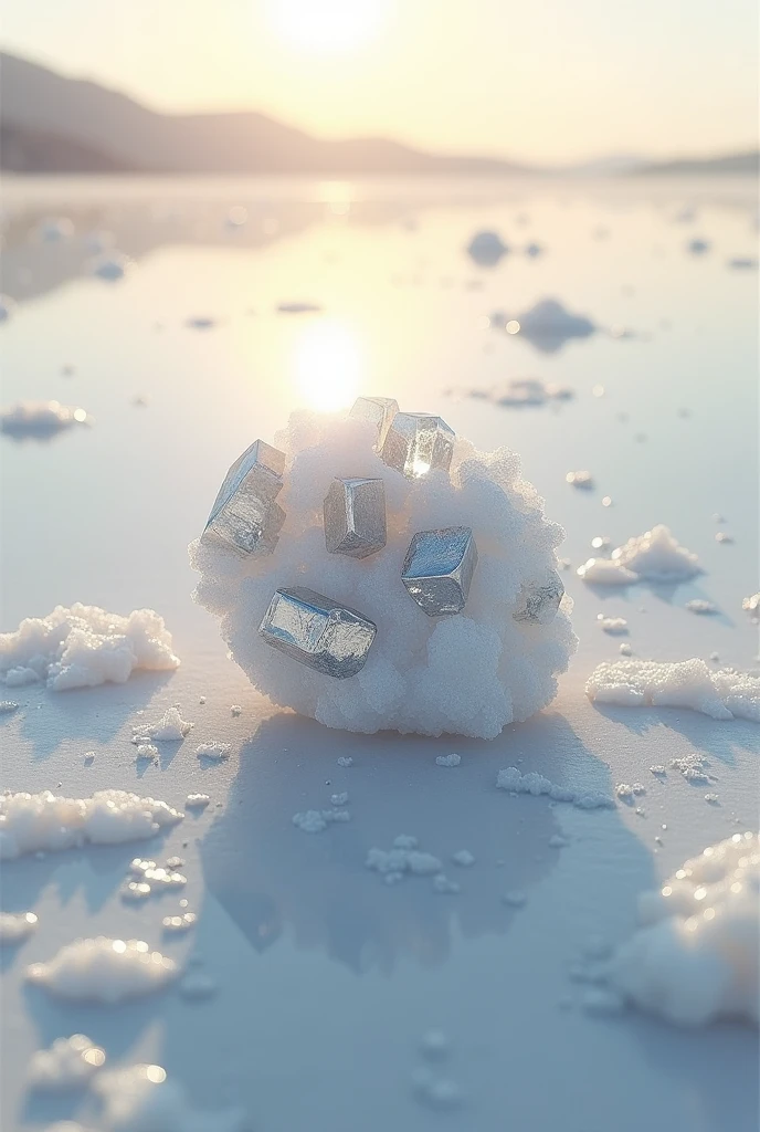 Create an image where the mineral Lithium is with the background of the Uyuni salt flat, The mineral has to be as realistic as possible