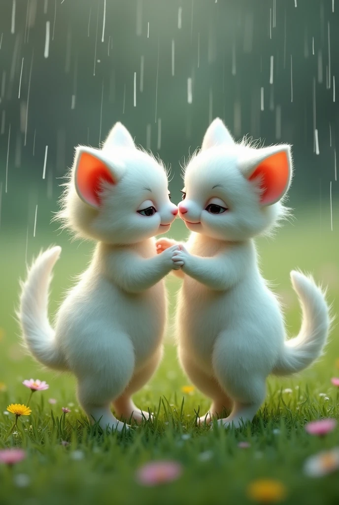 Two cute white Chinese mythical creatures dancing on grass in rain