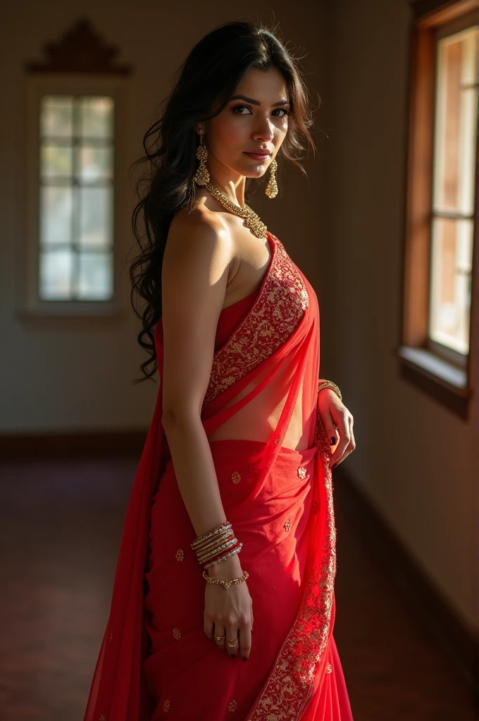 , sexy Indian princess, without blouse, red seethrough saree, perky nipples