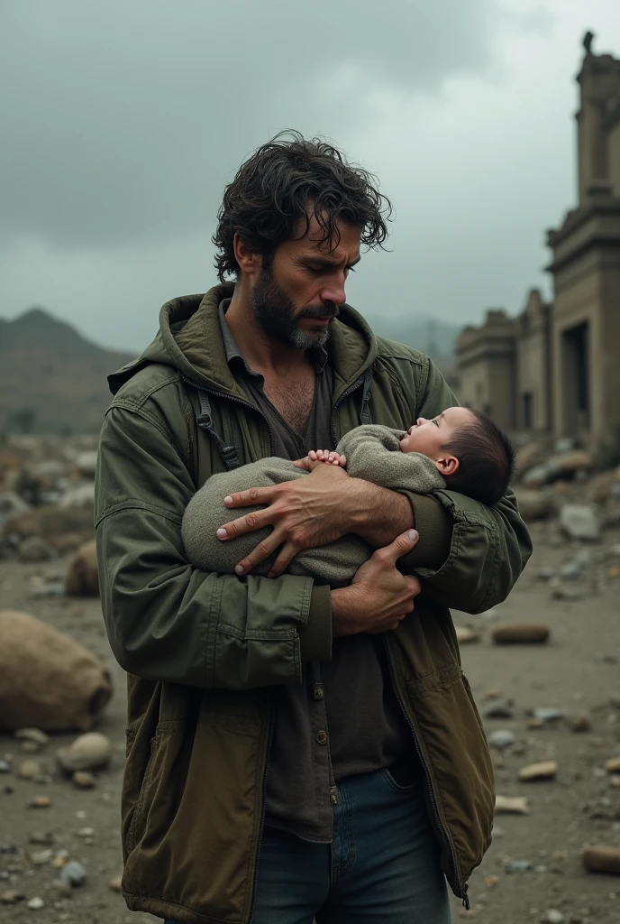 A man carrying a baby in his arms in a deserted place