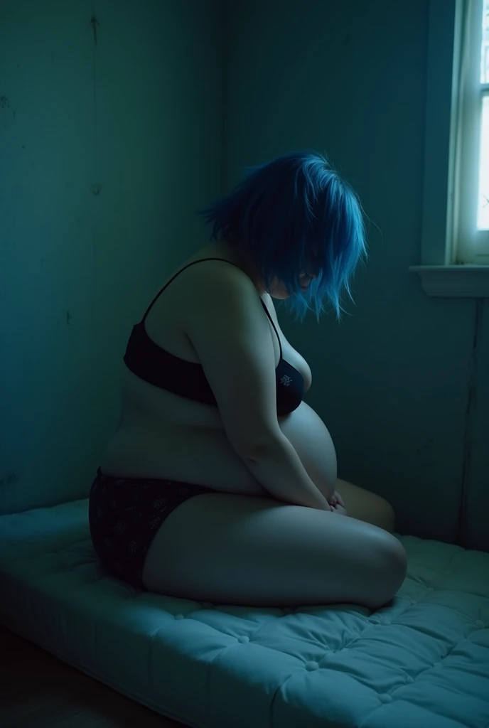  woman with medium length curly messy blue hair,  overweight, but hourglass body, legs thick, fat arms, must not have a big belly decadent appearance sitting leaning against the wall on a mattress on the floor in the corner of the wall in the vibe of shoegaze in a dark room with her head down, generate with depressive blurry image.