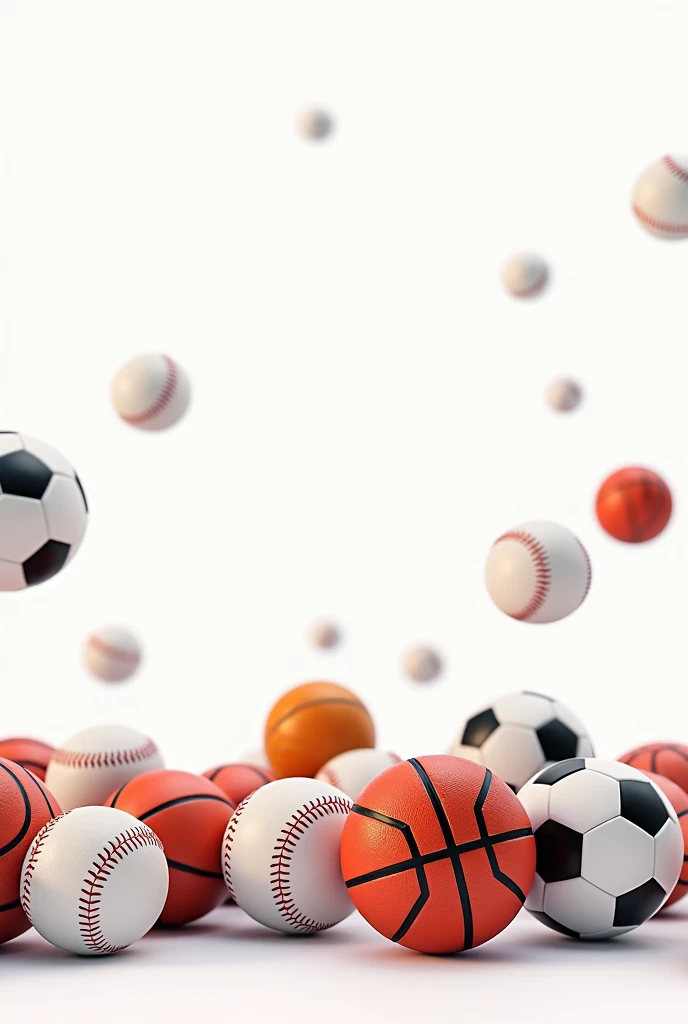 white background and scattered on the 50 balls of different sports that highlight baseball, soccer and basketball