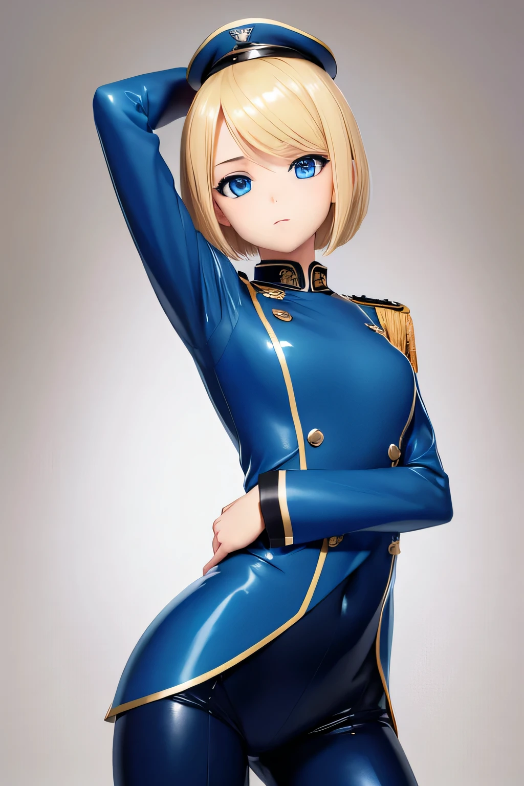 Highest quality,Highest Resolution,(((Blue shiny military uniform　Blonde　dark blue eyes)))　Short Hair　straight　expressionless　flat chest　woman　cool