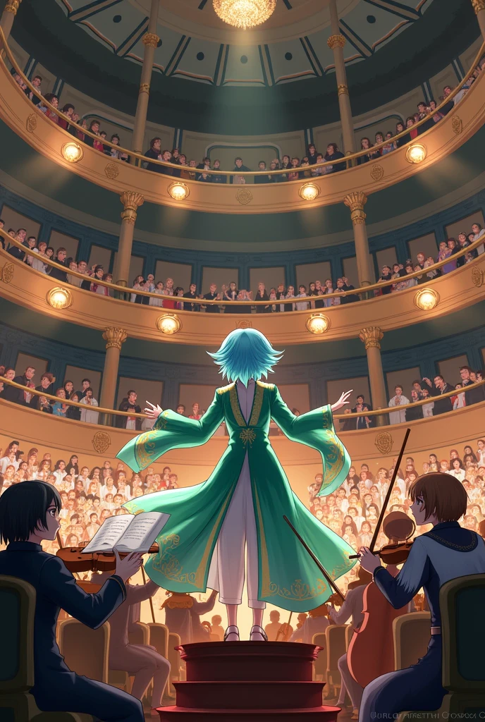 An orchestra with Furina from Genshin Impact conducting the orchestra while the seats on the 2nd floor are full of people cheering