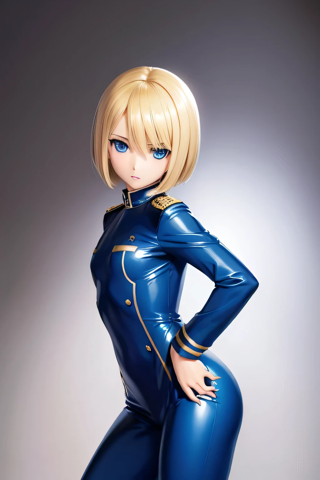 Highest quality,Highest Resolution,(((Blue shiny military uniform Blonde dark blue eyes))) Short Hair straight expressionless flat chest woman cool