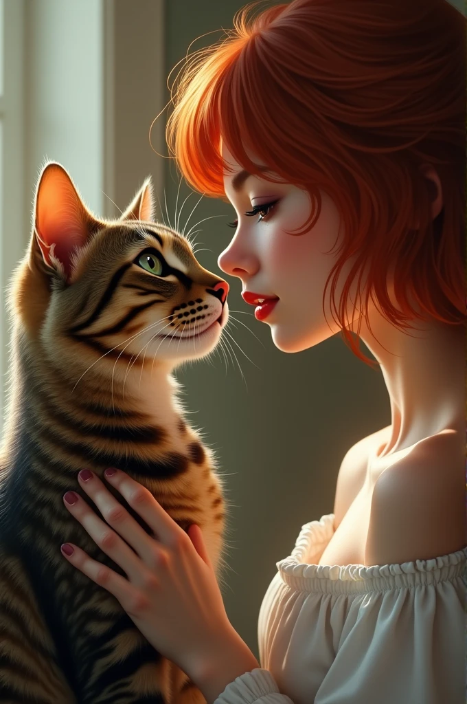 Girl with short red hair and red lips, next to his tabby cat staring at each other