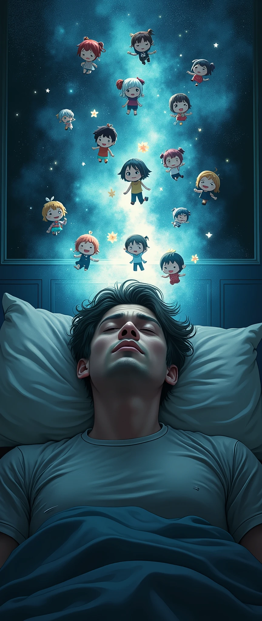 A tired-looking man is lying in the dark room with his eyes closed and in his imaginary world, with a bright haze over his head and in the haze a lot of chibi anime characters are smiling and playing around happily