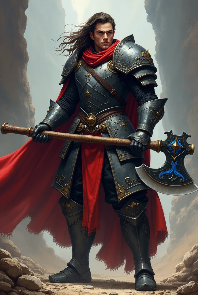 A brunette warrior with black and red armor and a blue and gold axe