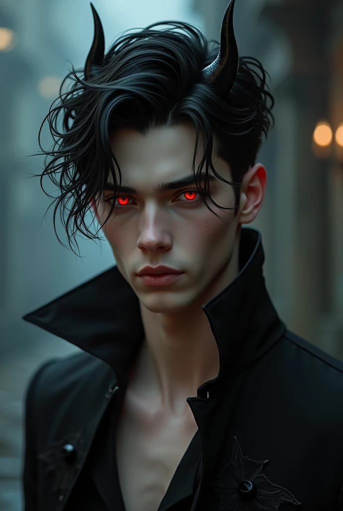 sehr young, Sexy male vampire, young, 19 years, Man with demon horns, black hair and red eyes
