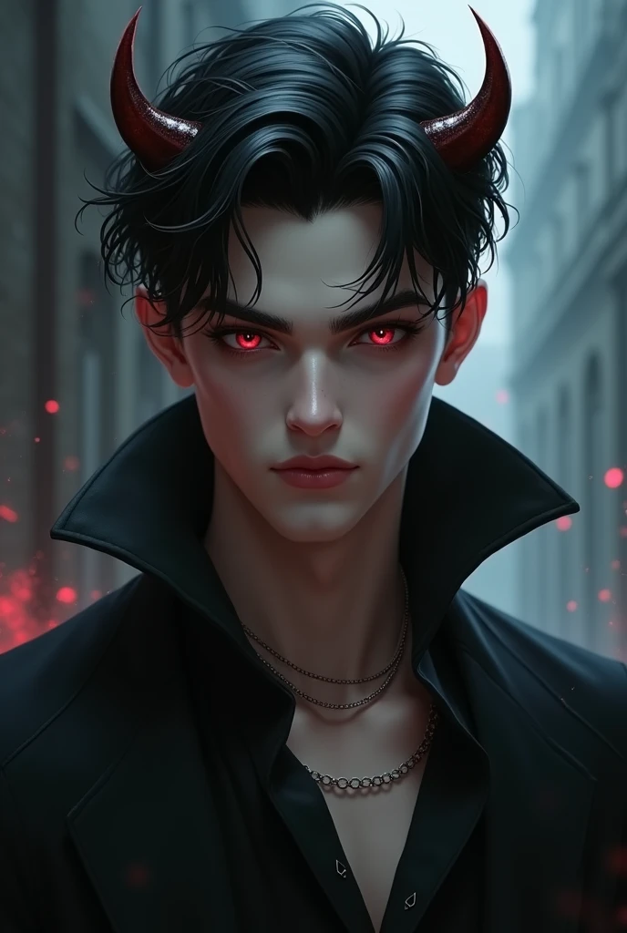 sehr young, Sexy male vampire, young, 19 years, Man with demon horns, black hair and red eyes
