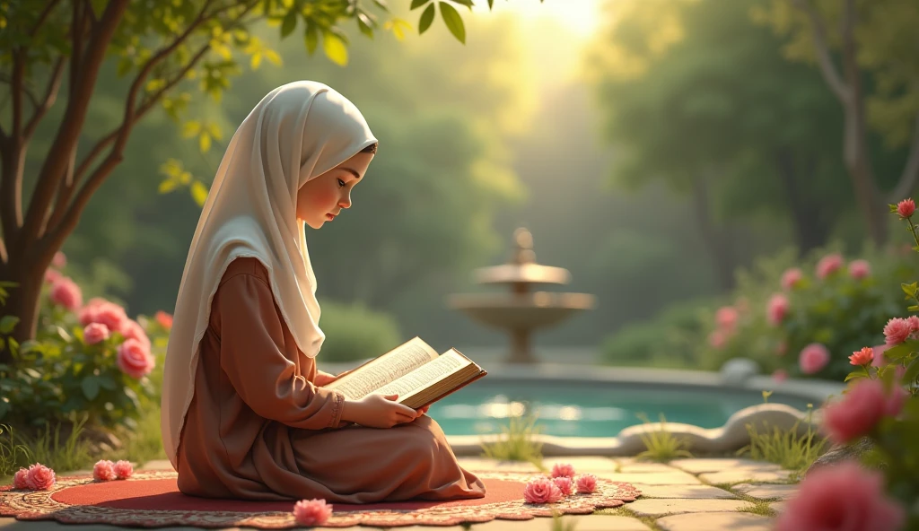 Create a cute islamic girl she is reciting islamic book sitting in a garden on a mat