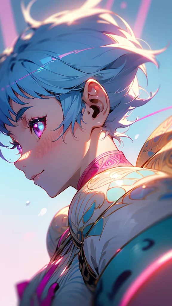 1 person、8k、Sharp focus、(Bokeh) (Highest quality) (Detailed skin:1.3) (Intricate details) (anime)、Light blue hair、short hair、Pink eyes、Expose your shoulders、Glowing Skin、Ethnic pattern tube top bra、profile、Upper body close-up、smile