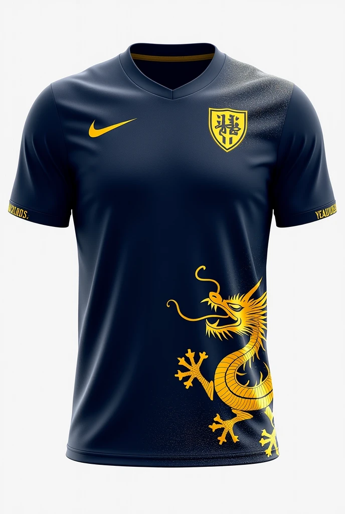 I need a shirt for the interclass with the color navy blue and gold. This shirt must have Nike&#39;s sponsorship in gold. And in the lower right corner of the shirt a navy blue and gold dragon, being golden as predominant 
