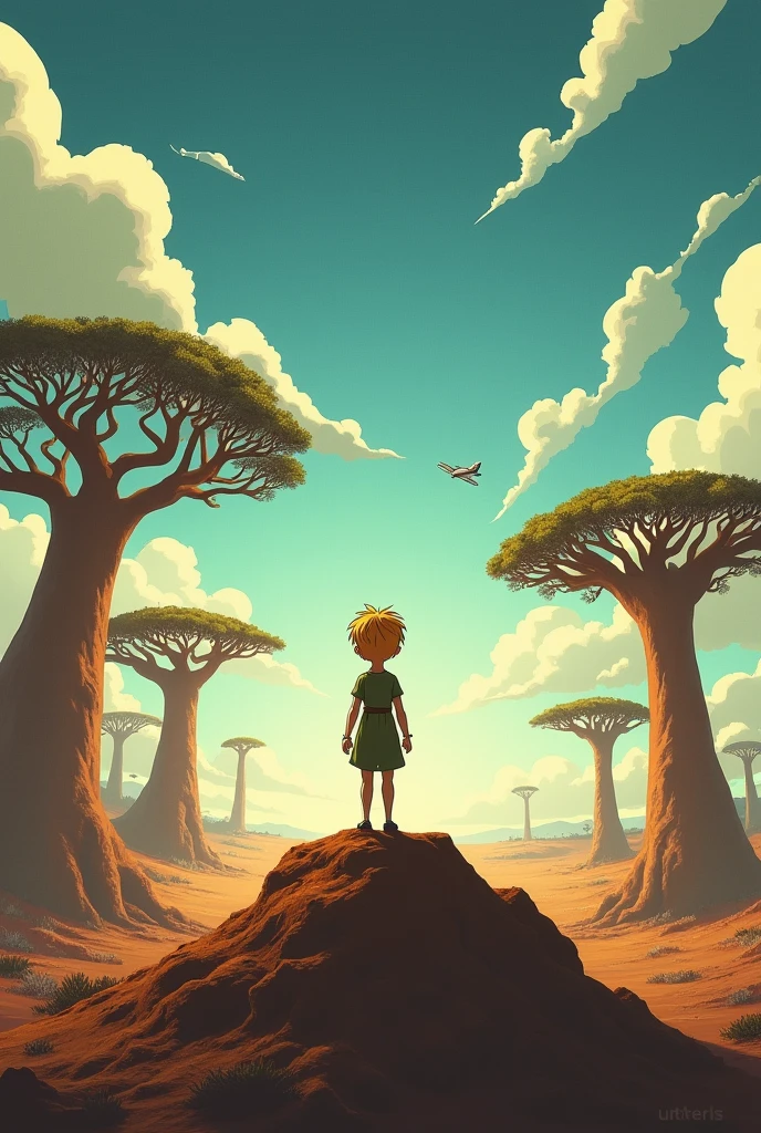 Create a theater poster for the play The Little Prince where he is seen on his planet with baobabs and craters on a small planet and other characters with a plane in the sky