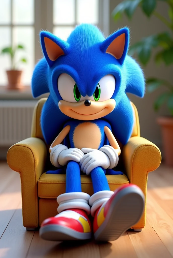 Sonic solo, looking at viewer, smile, 1boy, full body, sitting on chair, looking at viewer