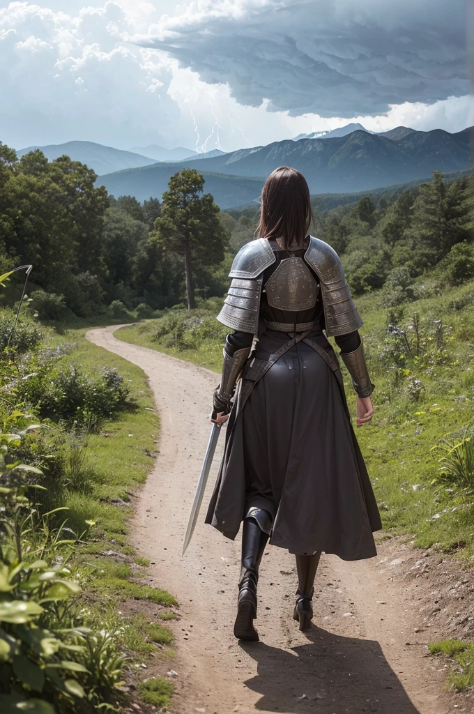 lonely woman is walking backwards. she is wearing sexy medieval armor. she is on a dirt path in a forest. the forest is very dense and detailed. the sky is clear with clouds. in the background a storm is forming with lightning. puddle of water. mountain in the background. visible sunlight. birds in the background. She has a large sword attached to her armor.