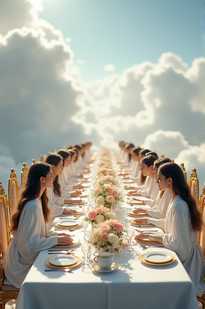 Create an extremely long table with a white tablecloth and flower centerpieces, dressed up like for a wedding, with gold plates and cups, and golden chairs and people dressed in white robes sitting on the chairs among the clouds of the sky 