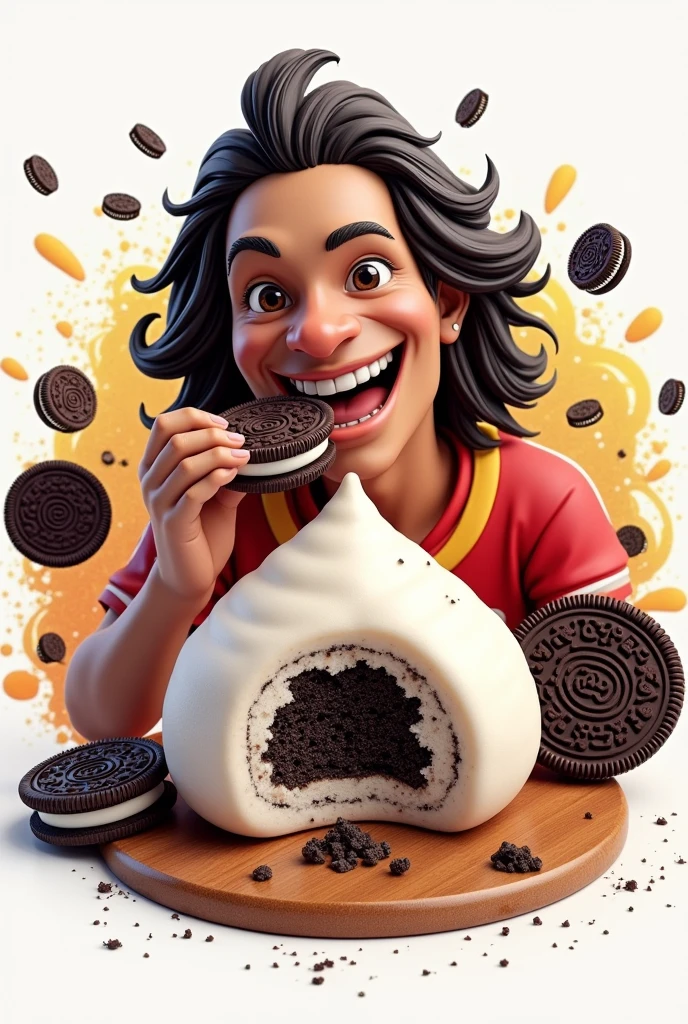 Create a logo with a mochi in the middle and Ronaldinho eating an oreo mochi and a text in the image saying mochi mix quindianos more realistic much more realistic

