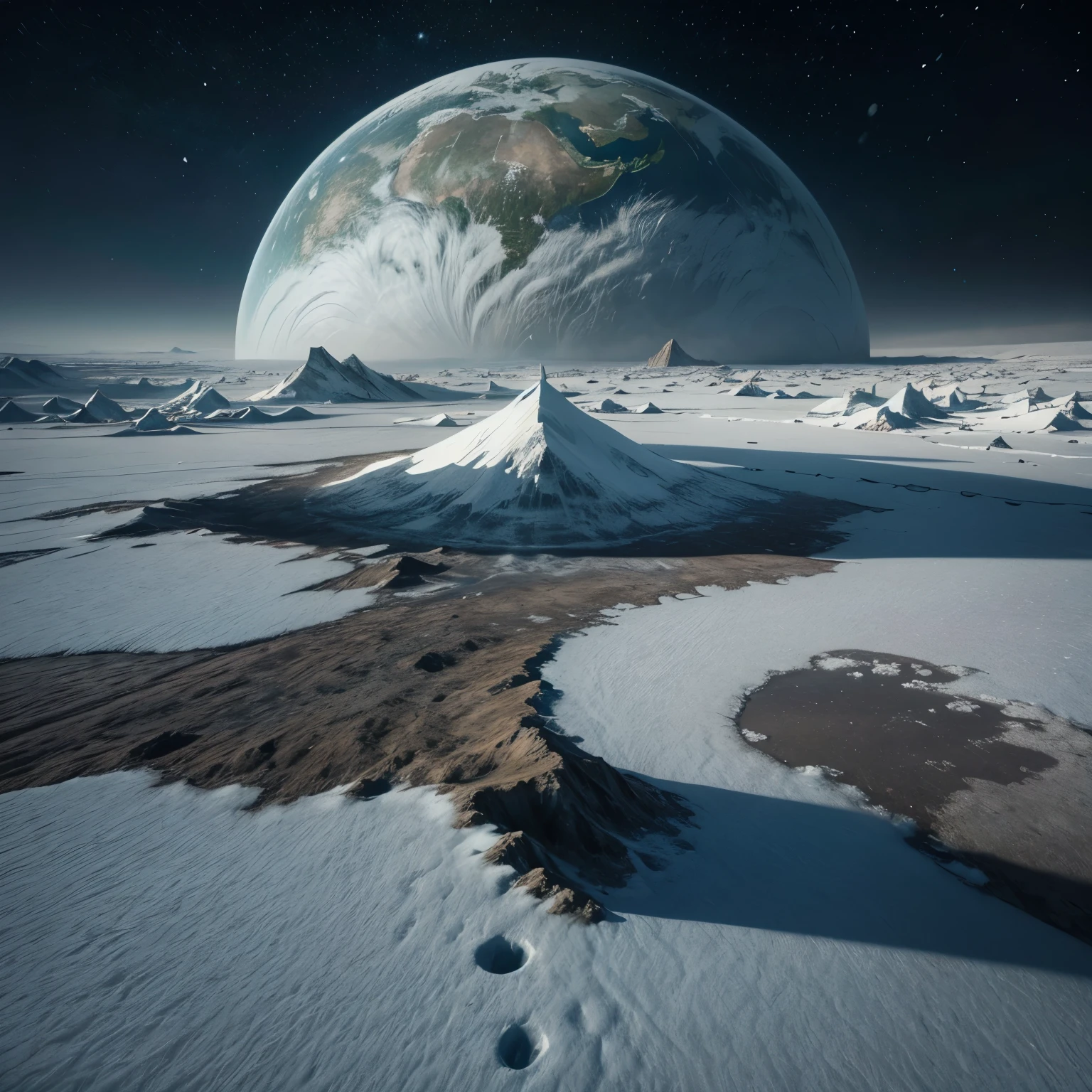 A hauntingly serene, digitally painted illustration of a post-apocalyptic, ice-encrusted planet Earth, devoid of any signs of life, with a thick layer of frost and snow covering the once-lush landscapes