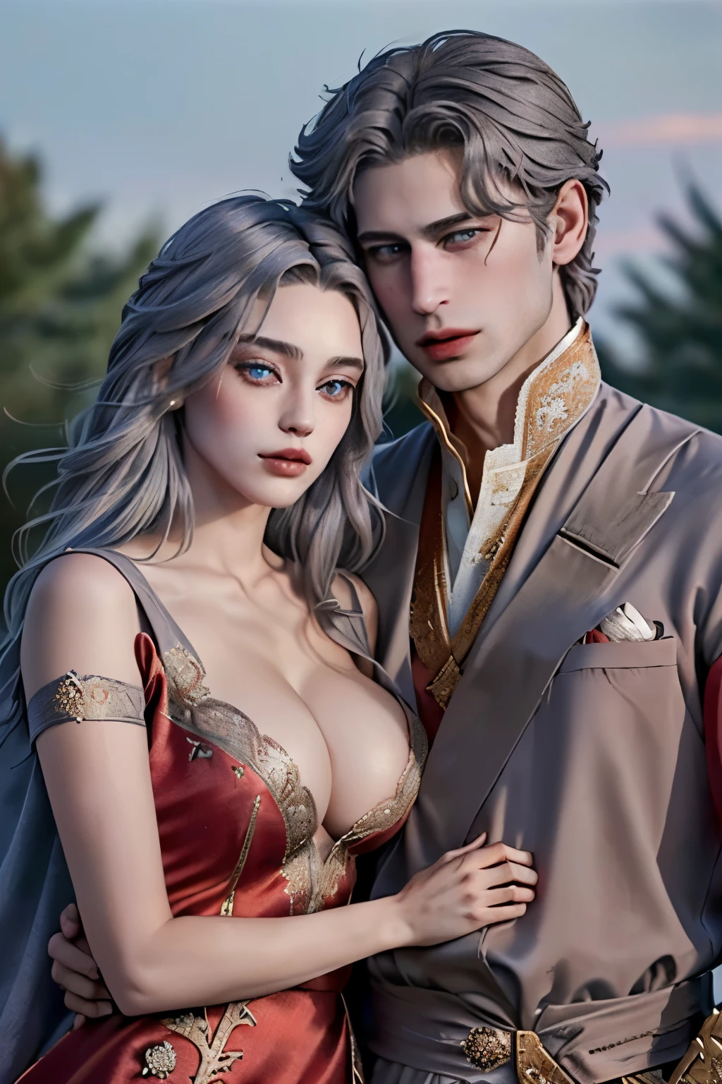 ((realistic)), (masterpiece), (5K), (best quality), 2d Couple, ((a young gray hair couple)), ((a gray long hair woman , vivid eyes, small boobs, red dress)), brown eyes, ultra well detailed eyes, ((a short gray hair guy, wearing a prince cloth, royal clothes)),((a man with a short hair)), beautiful couple pose, (summer night walk)