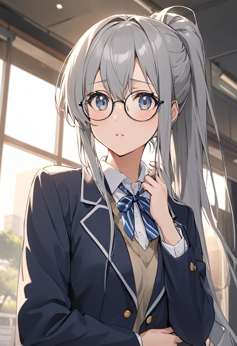 、Appearance（Long Hair、Gray Hair、Ponytail,Round Glasses）clothing（High School Uniform,blazer）