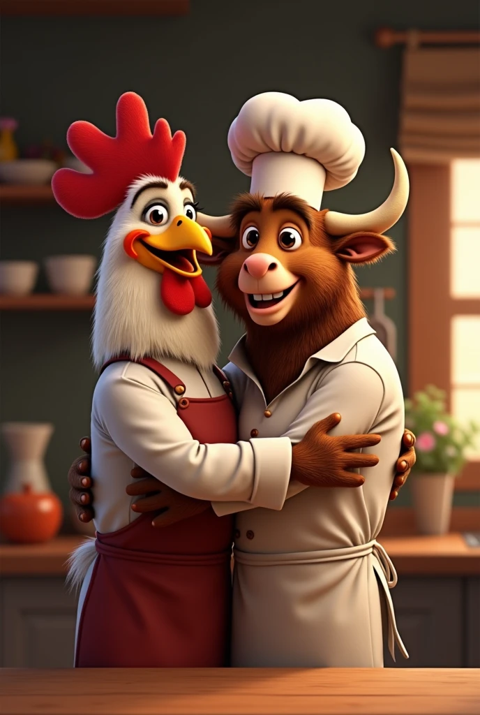 generate an animated image of a rooster chef hugging a chef American buffalo in a friendly manner