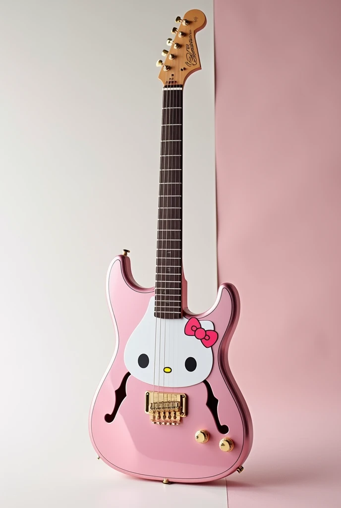 A guitar with the sound box with the face of my melody from sanrio
