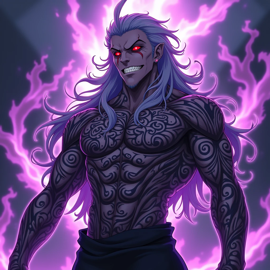 (masterpiece:1.2) (best quality) (detailed) (intricate) (8k) (HDR) (wallpaper) (cinematic lighting) (sharp focus),ryomen sukuna from jjk, tattoos on the body, grinning, purple aura around sukuna, sukuna setting his hair, Jujutsu kaisen anime artstyle, high grade anime artstyle
