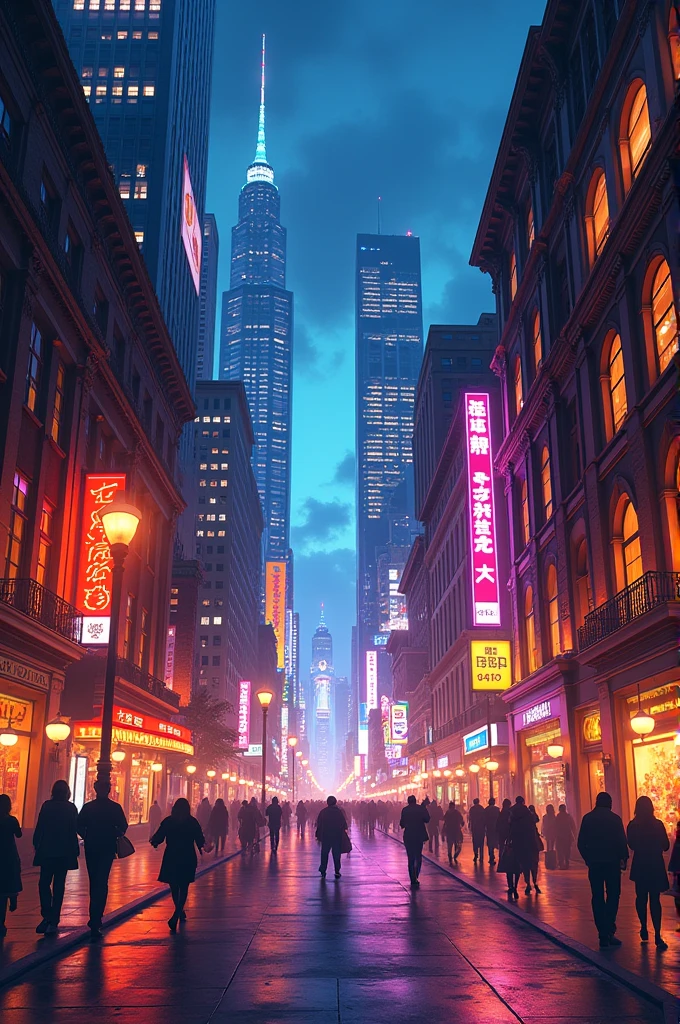 Street with illuminated buildings
