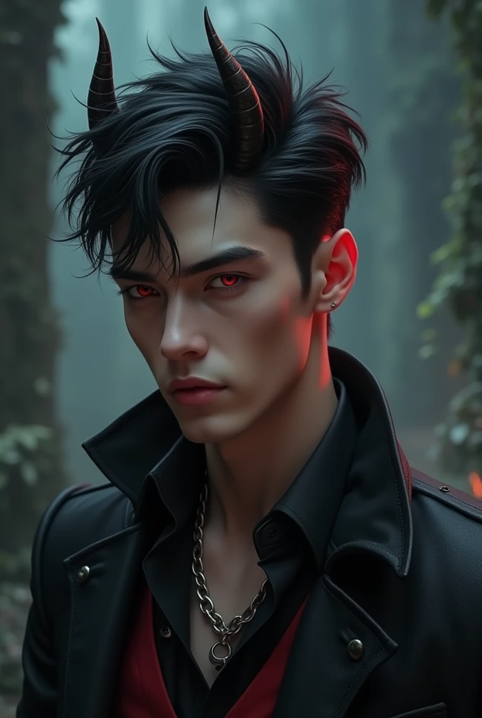 sehr young, Sexy male vampire, young, 19 years, Man with demon horns, black hair and red eyes
