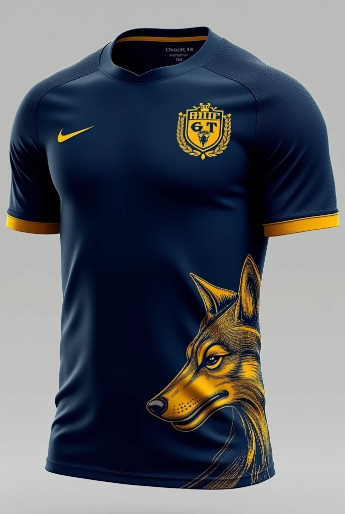 I need a shirt for the interclass with the color navy blue and gold. This shirt must have Nike's sponsorship in gold. And in the lower right corner of the shirt a navy blue and gold wolf, being golden as predominant