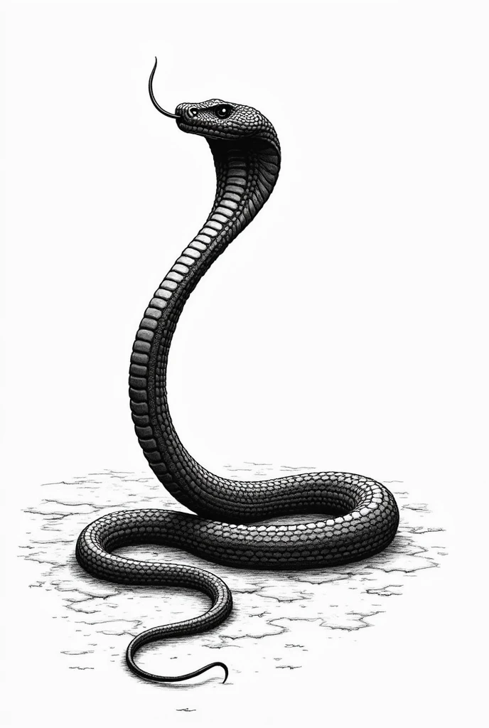 A black and white drawing of a long viper crawling on the floor and rising with its mouth closed