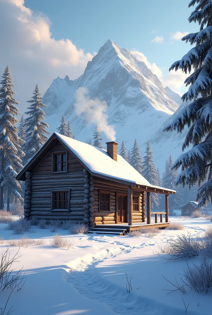 generate an image of a rustic log cabin with a late 1800s western aesthetic. it's in a forest in winter with a lot of snow and mountains can be seen in the background. Smoke is coming from the chimney. It has a big porch and a stables in the back.