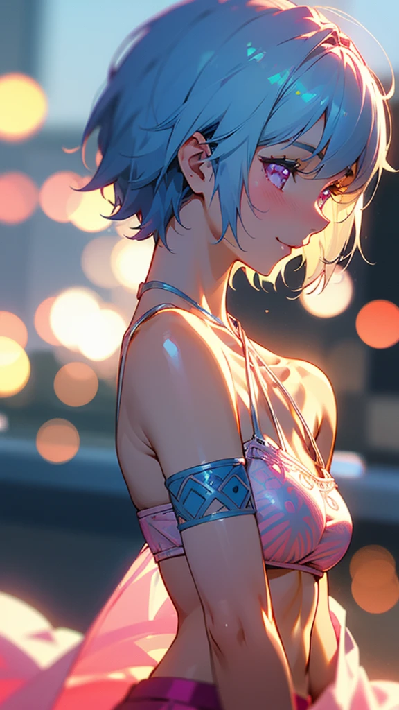 1 person、8k、Sharp focus、(Bokeh) (Highest quality) (Detailed skin:1.3) (Intricate details) (anime)、Light blue hair、short hair、Pink eyes、Expose your shoulders、Glowing Skin、Ethnic pattern tube top bra、profile、Upper body close-up、smile